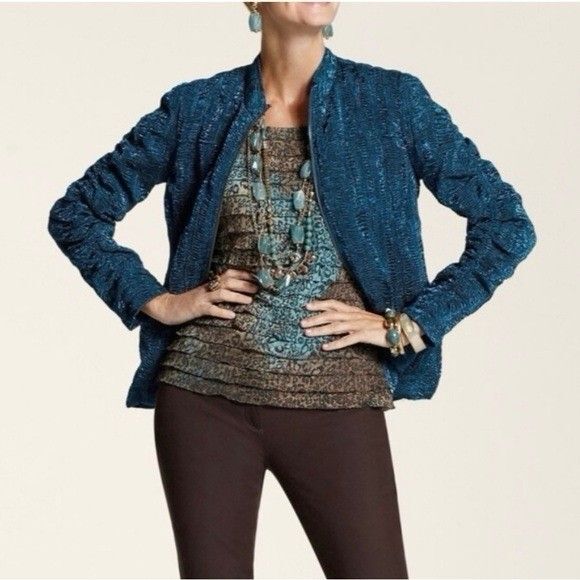 Chico's Jackets & Blazers - Chicos Womens Jacket Size 3 Shimmer Teal Textured Retro Elegant Dressy Casual
